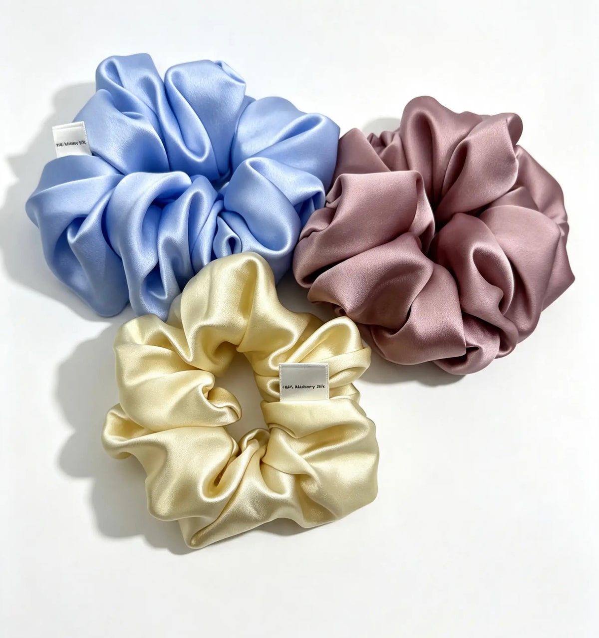 The 3-Piece Classic Jumbo Bundle - ZENORI mulberry silk scrunchies in periwinkle, mauve and champagne