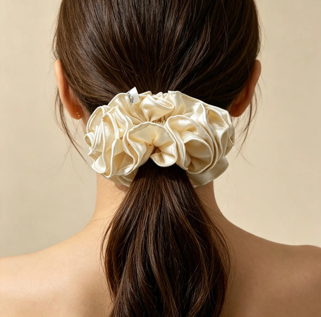 The Ruffle Silk Scrunchie — Champagne Ivory