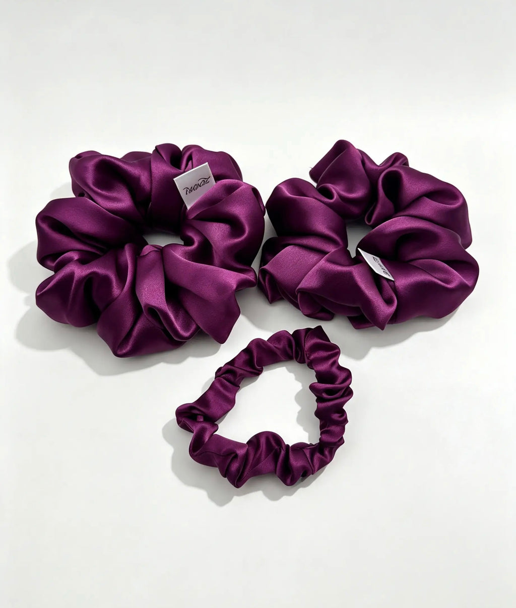The Plum Silk Set - ZENORI mulberry silk scrunchies in plum