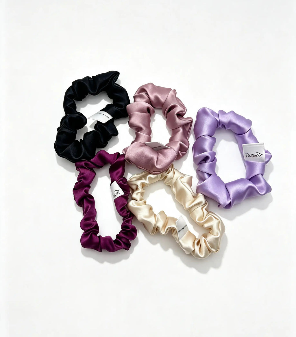 ZENORI Pastel Mid-Size 5-Piece Silk Set - mulberry silk scrunchies in black, plum, dusty mauve, champagne and lavender