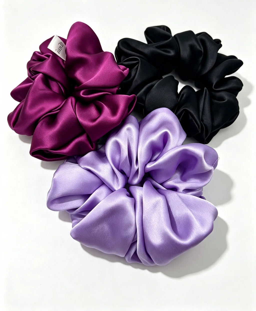 The 3-Piece Classic Jumbo Bundle Dark Edition - ZENORI mulberry silk scrunchies in berry, black and lavender