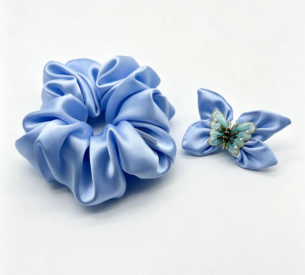 The Mom & Me Silk Set Periwinkle - ZENORI matching mother daughter mulberry silk scrunchies in periwinkle blue