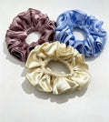 The 3-Piece Deluxe Ruffle Jumbo Bundle - ZENORI mulberry silk scrunchies in dusty mauve, periwinkle blue and champagne