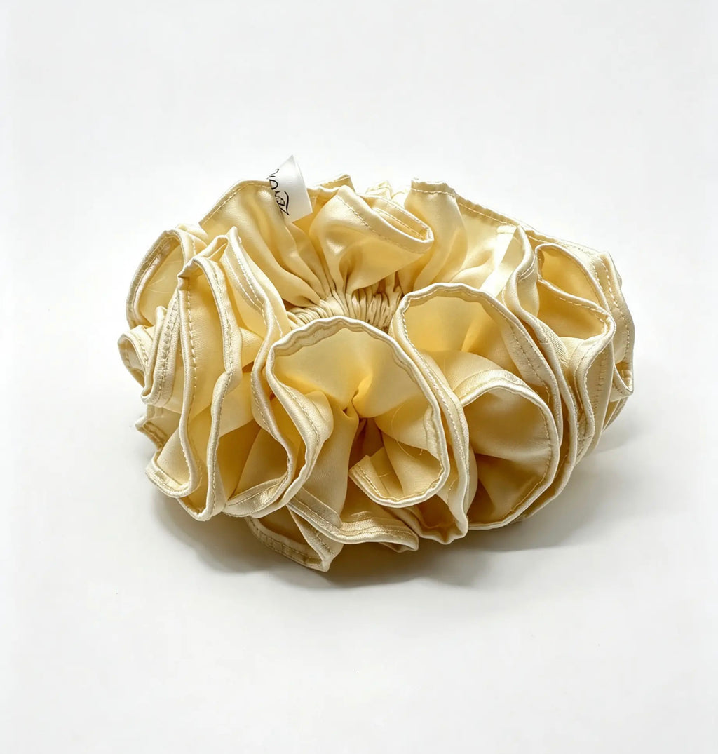 The Ruffle Silk Scrunchie — Champagne Ivory